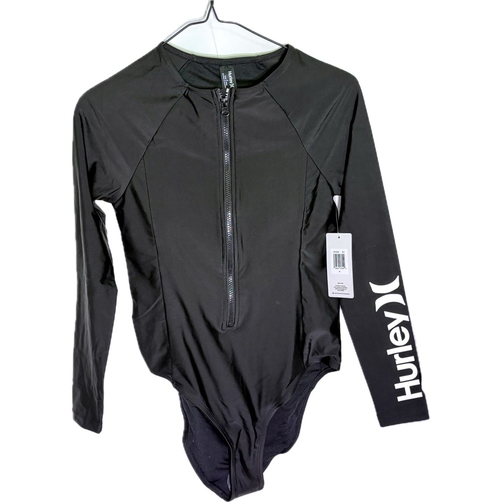 NWT Hurley Long Sleeve One Piece Swimsuit UPF 50+ Medium Black & White Zip Surf - Picture 12 of 15